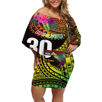 Personalised Vanuatu Independence Day 30 July Off Shoulder Short Dress Hibiscus Polynesian Pattern DT02 Women Yellow - Polynesian Pride