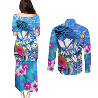 Aloha Hawaii Couples Matching Puletasi and Long Sleeve Button Shirt Dolphins and Fish Hook Hibiscus DT02 - Polynesian Pride