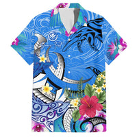 Aloha Hawaii Family Matching Long Sleeve Bodycon Dress and Hawaiian Shirt Dolphins and Fish Hook Hibiscus DT02 Dad's Shirt - Short Sleeve Blue - Polynesian Pride