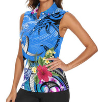 Aloha Hawaii Women Sleeveless Polo Shirt Dolphins and Fish Hook Hibiscus