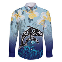 Mother And Baby Dolphins Family Matching Summer Maxi Dress and Hawaiian Shirt Hawaii Hibiscus DT02 Dad's Shirt - Long Sleeve Blue - Polynesian Pride