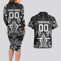 Personalized All Black Couples Matching Long Sleeve Bodycon Dress and Hawaiian Shirt New Zealand Rugby Mascot Maori DT02 - Polynesian Pride