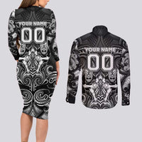 Personalized All Black Couples Matching Long Sleeve Bodycon Dress and Long Sleeve Button Shirt New Zealand Rugby Mascot Maori DT02 - Polynesian Pride