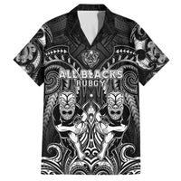 Personalized All Black Family Matching Off The Shoulder Long Sleeve Dress and Hawaiian Shirt New Zealand Rugby Mascot Maori DT02 Dad's Shirt - Short Sleeve Black - Polynesian Pride