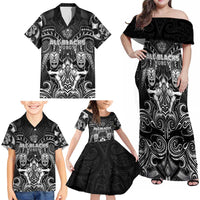 Personalized All Black Family Matching Off Shoulder Maxi Dress and Hawaiian Shirt New Zealand Rugby Mascot Maori DT02 - Polynesian Pride