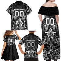 Personalized All Black Family Matching Off Shoulder Maxi Dress and Hawaiian Shirt New Zealand Rugby Mascot Maori DT02 - Polynesian Pride