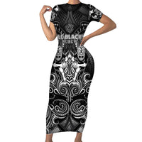 Personalized All Black Family Matching Short Sleeve Bodycon Dress and Hawaiian Shirt New Zealand Rugby Mascot Maori