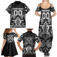 Personalized All Black Family Matching Summer Maxi Dress and Hawaiian Shirt New Zealand Rugby Mascot Maori DT02 - Polynesian Pride