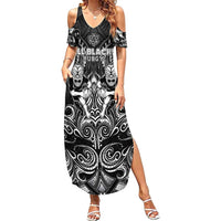 Personalized All Black Family Matching Summer Maxi Dress and Hawaiian Shirt New Zealand Rugby Mascot Maori DT02 Mom's Dress Black - Polynesian Pride
