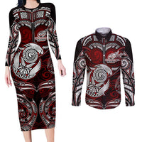Personalized New Zealand Aotearoa Rugby Couples Matching Long Sleeve Bodycon Dress and Long Sleeve Button Shirt Maori Fern Tattoo Art DT02 Red - Polynesian Pride