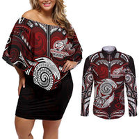 Personalized New Zealand Aotearoa Rugby Couples Matching Off Shoulder Short Dress and Long Sleeve Button Shirt Maori Fern Tattoo Art DT02 Red - Polynesian Pride