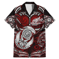 Personalized New Zealand Aotearoa Rugby Family Matching Mermaid Dress and Hawaiian Shirt Maori Fern Tattoo Art DT02 Dad's Shirt - Short Sleeve Red - Polynesian Pride