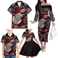 Personalized New Zealand Aotearoa Rugby Family Matching Off The Shoulder Long Sleeve Dress and Hawaiian Shirt Maori Fern Tattoo Art DT02 - Polynesian Pride