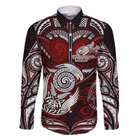 Personalized New Zealand Aotearoa Rugby Family Matching Off Shoulder Maxi Dress and Hawaiian Shirt Maori Fern Tattoo Art DT02 Dad's Shirt - Long Sleeve Red - Polynesian Pride