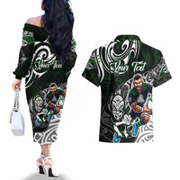 Personalized NZ Aotearoa Rugby Couples Matching Off The Shoulder Long Sleeve Dress and Hawaiian Shirt New Zealand Silver Fern DT02 - Polynesian Pride