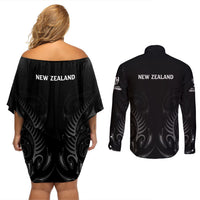 New Zealand Couples Matching Off Shoulder Short Dress and Long Sleeve Button Shirt Rugby 2023 Champions Black DT02 - Polynesian Pride