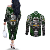 Personalised Warriors Maori Darts Couples Matching Off The Shoulder Long Sleeve Dress and Long Sleeve Button Shirt New Zealand Darts Silver Fern DT02 - Polynesian Pride