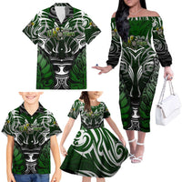Personalised Warriors Maori Darts Family Matching Off The Shoulder Long Sleeve Dress and Hawaiian Shirt New Zealand Darts Silver Fern DT02 - Polynesian Pride