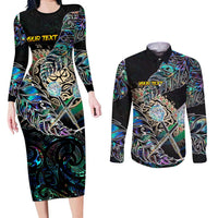 Personalised New Zealand Darts Couples Matching Long Sleeve Bodycon Dress and Long Sleeve Button Shirt NZ Paua Shell Maori Fern DT02 Black - Polynesian Pride