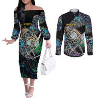 Personalised New Zealand Darts Couples Matching Off The Shoulder Long Sleeve Dress and Long Sleeve Button Shirt NZ Paua Shell Maori Fern DT02 Black - Polynesian Pride