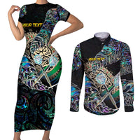 Personalised New Zealand Darts Couples Matching Short Sleeve Bodycon Dress and Long Sleeve Button Shirt NZ Paua Shell Maori Fern DT02 Black - Polynesian Pride