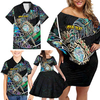 Personalised New Zealand Darts Family Matching Off Shoulder Short Dress and Hawaiian Shirt NZ Paua Shell Maori Fern DT02 - Polynesian Pride