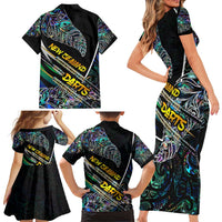 Personalised New Zealand Darts Family Matching Short Sleeve Bodycon Dress and Hawaiian Shirt NZ Paua Shell Maori Fern DT02 - Polynesian Pride