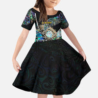 Personalised New Zealand Darts Family Matching Summer Maxi Dress and Hawaiian Shirt NZ Paua Shell Maori Fern DT02 Daughter's Dress Black - Polynesian Pride