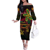 Custom Vanuatu 45th Independence Anniversary Family Matching Off The Shoulder Long Sleeve Dress and Hawaiian Shirt Flower Melanesian Namele Turtle DT02 Mom's Dress Black - Polynesian Pride