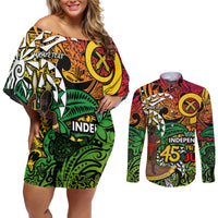 Personalized Vanuatu 45th Independence Anniversary Couples Matching Off Shoulder Short Dress and Long Sleeve Button Shirt Melanesian Pattern Reggae DT02 Art - Polynesian Pride