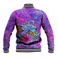 Personalized Dolphin Polynesia Baseball Jacket Hibiscus Tropical Wave - Purple Vibes