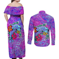 Dolphin Polynesia Couples Matching Off Shoulder Maxi Dress and Long Sleeve Button Shirt Hibiscus Tropical Wave - Purple Vibes DT02 - Polynesian Pride