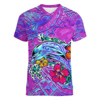 Personalized Dolphin Polynesia Women V-Neck T-Shirt Hibiscus Tropical Wave - Purple Vibes