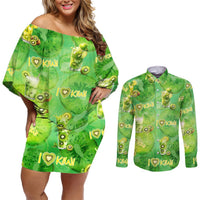 I Love Kiwi Couples Matching Off Shoulder Short Dress and Long Sleeve Button Shirt New Zealand Kiwi Fruit Summer Cocktail DT02 Green - Polynesian Pride