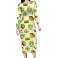 Kiwi Cute Humorous Long Sleeve Bodycon Dress New Zealand Fruit DT02 Long Dress Yellow - Polynesian Pride