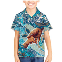 Hand In Hand Father's Day Polynesian Family Matching Mermaid Dress and Hawaiian Shirt Tribal Flower Pattern DT02 Son's Shirt Blue - Polynesian Pride