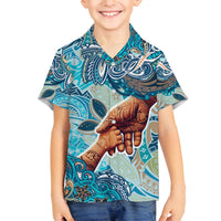 Hand In Hand Father's Day Polynesian Family Matching Off The Shoulder Long Sleeve Dress and Hawaiian Shirt Tribal Flower Pattern DT02 Son's Shirt Blue - Polynesian Pride