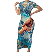 Hand In Hand Father's Day Polynesian Family Matching Short Sleeve Bodycon Dress and Hawaiian Shirt Tribal Flower Pattern DT02 Mom's Dress Blue - Polynesian Pride