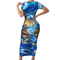 Hawaii Father's Day Family Matching Short Sleeve Bodycon Dress and Hawaiian Shirt The Surfing Dad Polynesian Tattoo DT02 Mom's Dress Blue - Polynesian Pride
