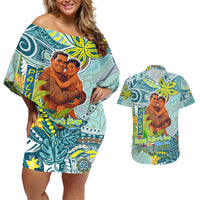 Palau Father's Day Polynesia Couples Matching Off Shoulder Short Dress and Hawaiian Shirt Dad and Son DT02 Blue - Polynesian Pride