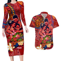Happy Father's Day French Polynesia Couples Matching Long Sleeve Bodycon Dress and Hawaiian Shirt Family Turtle Hibiscus DT02 Red - Polynesian Pride