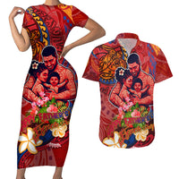 Happy Father's Day French Polynesia Couples Matching Short Sleeve Bodycon Dress and Hawaiian Shirt Family Turtle Hibiscus DT02 Red - Polynesian Pride