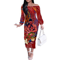 Happy Father's Day French Polynesia Family Matching Off The Shoulder Long Sleeve Dress and Hawaiian Shirt Family Turtle Hibiscus DT02 Mom's Dress Red - Polynesian Pride