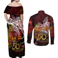 PNG 1975 - 2025 Couples Matching Off Shoulder Maxi Dress and Long Sleeve Button Shirt Papua New Guinea 50th Independence Anniversary DT02 - Polynesian Pride