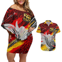 Papua New Guinea 50th Independence Day Couples Matching Off Shoulder Short Dress and Hawaiian Shirt Celebrate Our History, Inspire Our Future DT02 Art - Polynesian Pride
