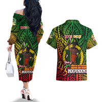Vanuatu 45th Independence Anniversary Couples Matching Off The Shoulder Long Sleeve Dress and Hawaiian Shirt Embracing Our Traditions Shaping Our Future