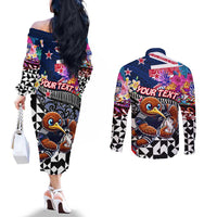 Personalized Kiwi New Zealand Rugby Couples Matching Off The Shoulder Long Sleeve Dress and Long Sleeve Button Shirt Kiwis Mascot Tropical Pattern