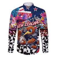 Personalized Kiwi New Zealand Rugby Family Matching Off The Shoulder Long Sleeve Dress and Hawaiian Shirt Kiwis Mascot Tropical Pattern DT02 Dad's Shirt - Long Sleeve Blue - Polynesian Pride