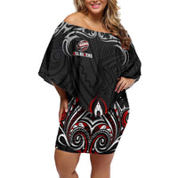 All Black NZL Rugby Champions Family Matching Off Shoulder Short Dress and Hawaiian Shirt Maori Warrior DT02 Mom's Dress Black - Polynesian Pride