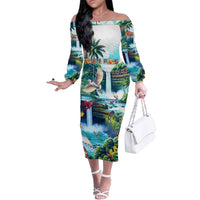 Wailua Falls Hawaii Family Matching Off The Shoulder Long Sleeve Dress and Hawaiian Shirt Kauai Natural Beauty DT02 Mom's Dress Art - Polynesian Pride